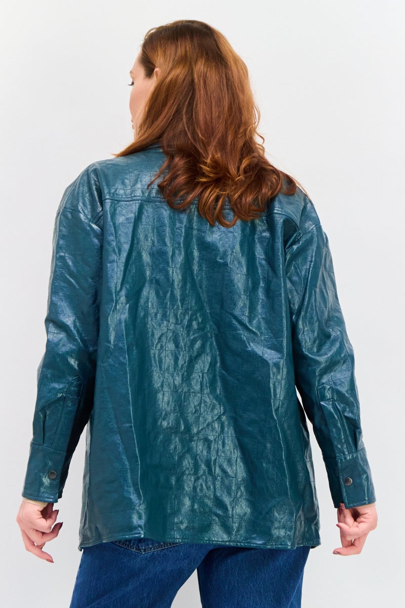 4th & Reckless قميص نسائي بأزرار واسعة وأكمام طويلة بتصميم منقوش، تركواز داكن - Image 2